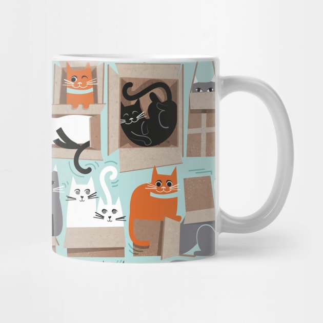 Purfect feline architecture // pattern // aqua background cute cats in cardboard boxes by SelmaCardoso